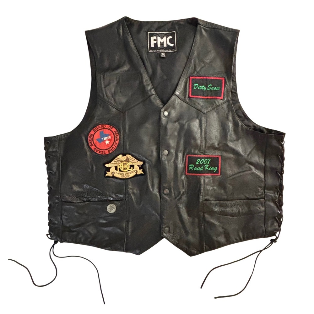 VTG FMC Mens 52 Black Leather Motorcycle Vest HOG Patches LaceUp Sides Biker Pin